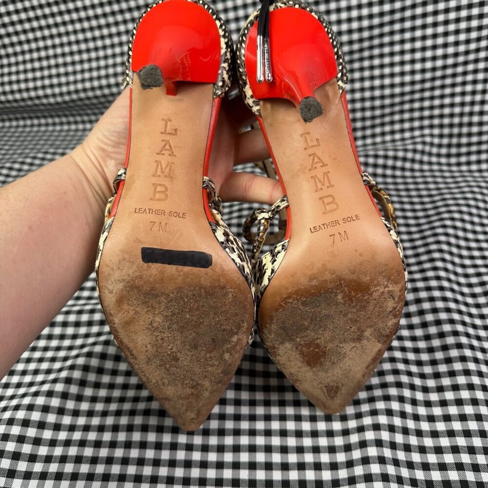 LAMB L.A.M.B Gwen Stefani Snake Print Pointed Toe Pump Heels Red Black Tan Sz 7 - Picture 4 of 5